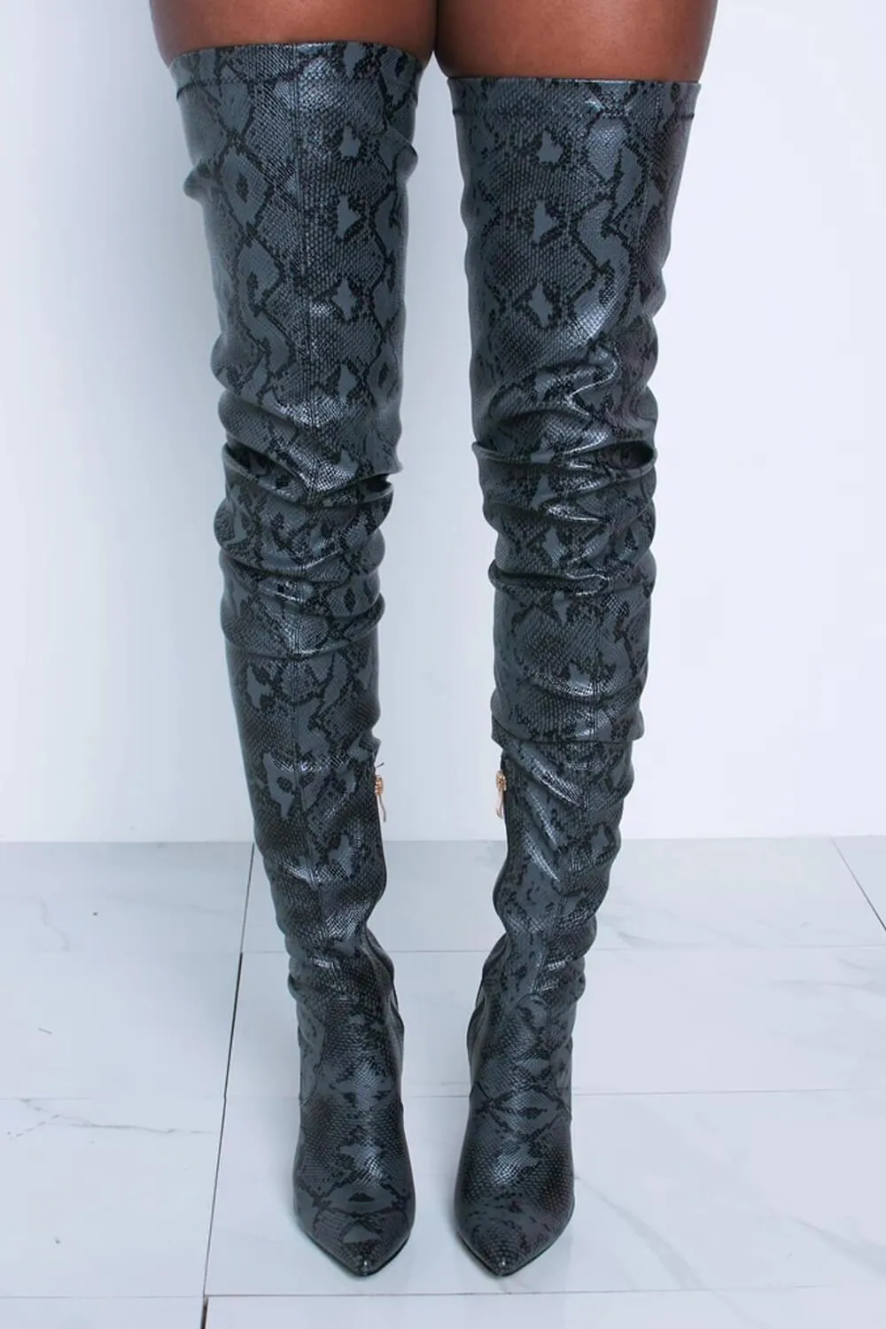 Darkgray Snake Print Stiletto Thigh High Boots sold by Floralkini product image thumbnail 2