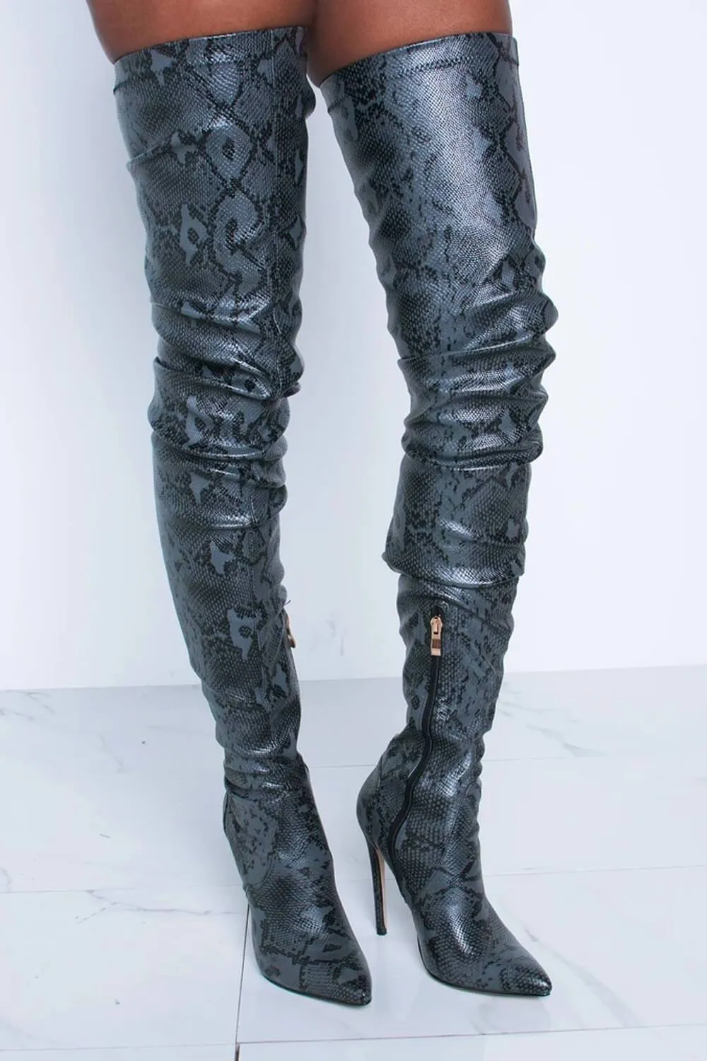 Darkgray Snake Print Stiletto Thigh High Boots sold by Floralkini
