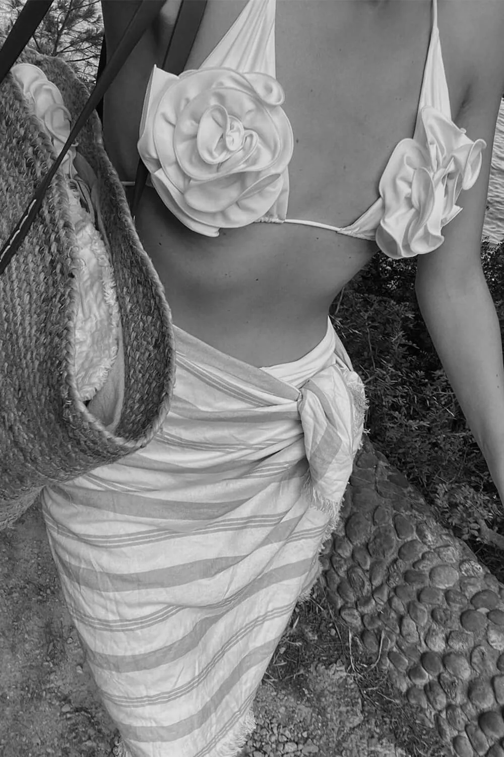 Rose Applique Wrap Tie Halterneck Triangle High-Wasited Bikini Set sold by Floralkini