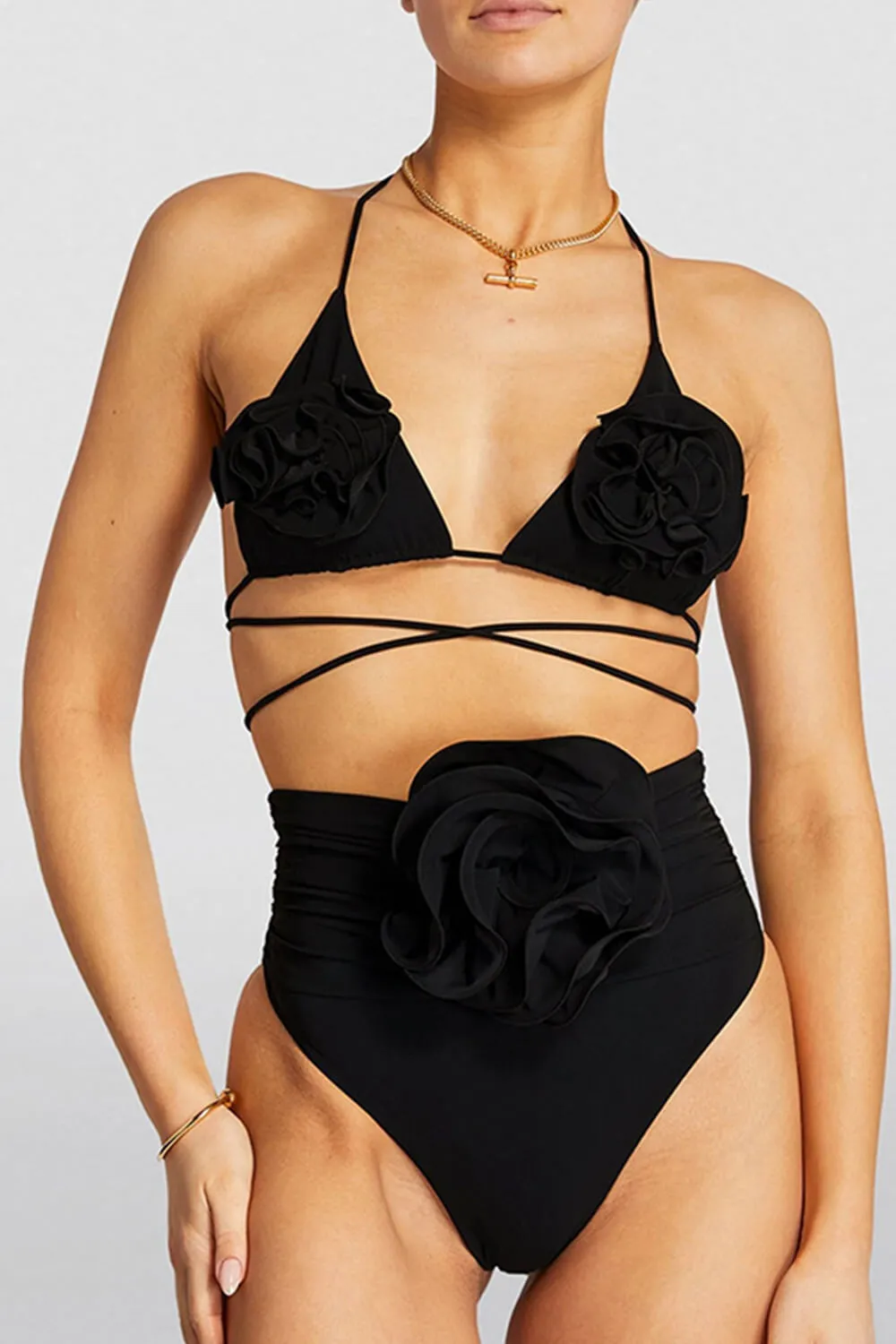Rose Applique Wrap Tie Halterneck Triangle High-Wasited Bikini Set sold by Floralkini product image thumbnail 5