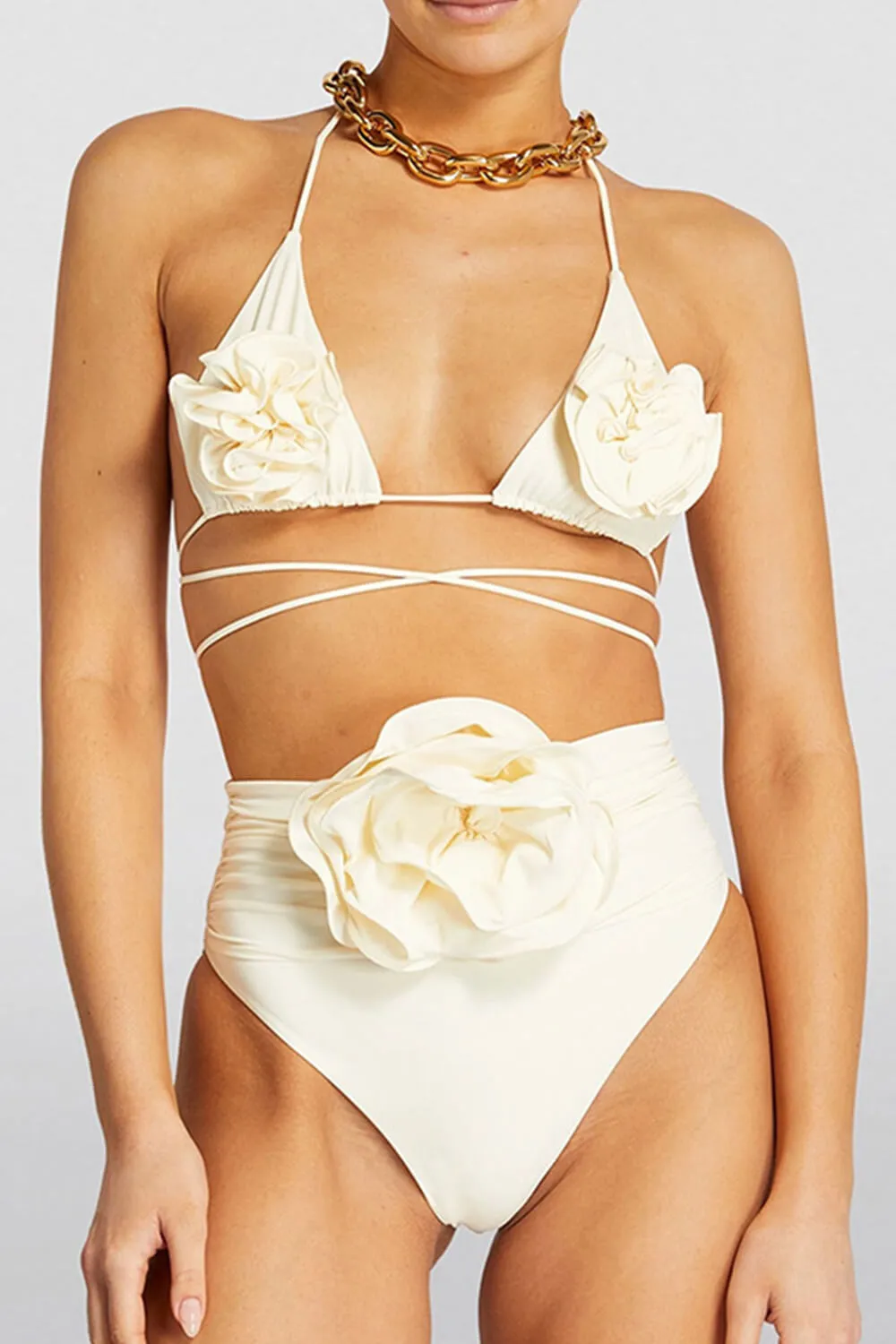 Rose Applique Wrap Tie Halterneck Triangle High-Wasited Bikini Set sold by Floralkini product image thumbnail 4