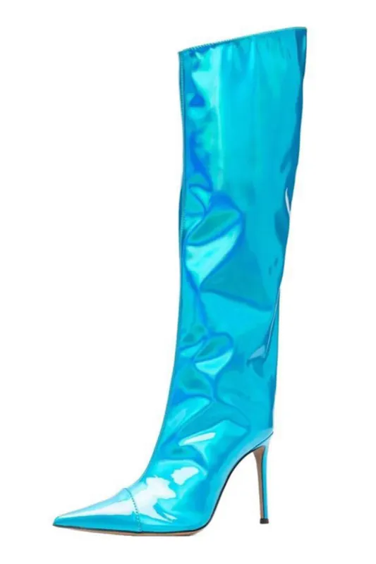 Metallic Finish Knee-High Pointed Toe Stiletto Boots - Light Blue sold by Floralkini