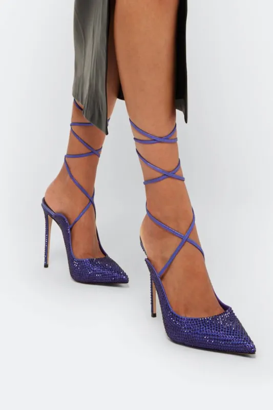 Crystal Embellished Lace Up Pointed Toe Court Stiletto Heel - Blue sold by Floralkini