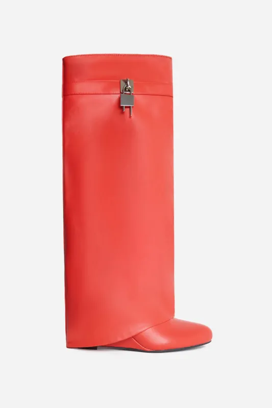 Faux Leather Padlock Detail Folded Wedge Heel Knee High Long Boots - Red sold by Floralkini