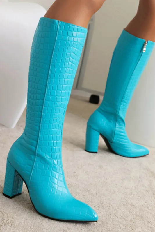 Faux Croc Print Block Heel Mid Calf Knee High Boots - Cyan sold by Floralkini