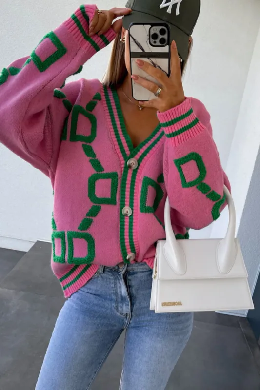 Letter D Chain Print Front Button V Neck Knit Cardigan sold by Floralkini