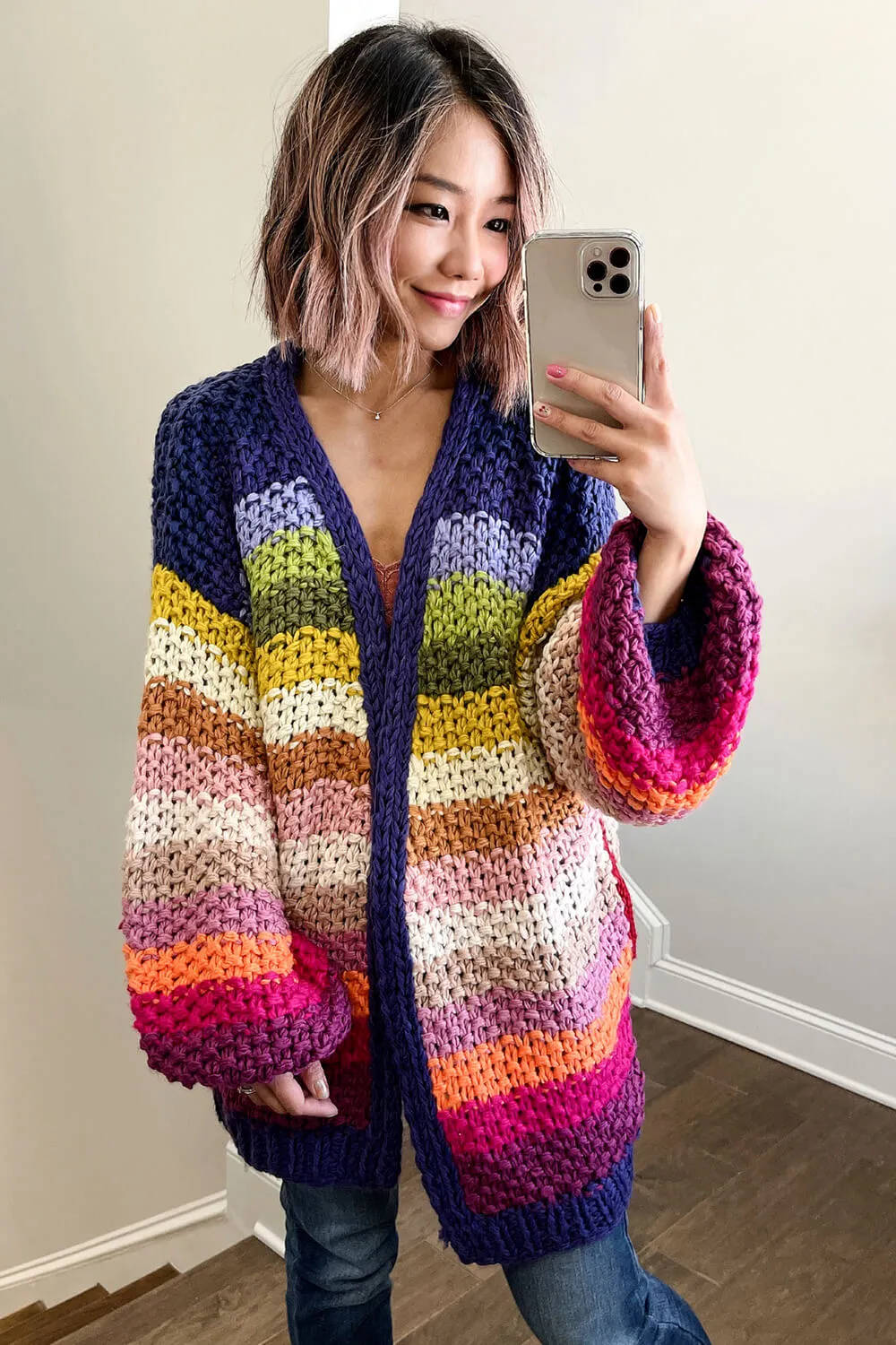 Multicolor Striped Balloon Sleeve Open Front Gauge Knit Cardigan sold by Floralkini product image thumbnail 2