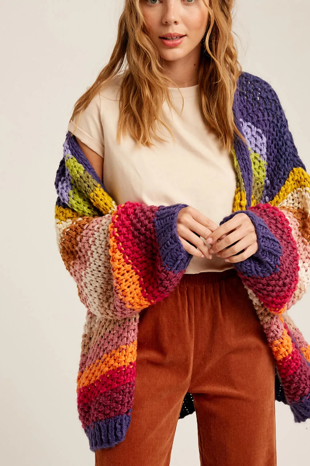 Multicolor Striped Balloon Sleeve Open Front Gauge Knit Cardigan sold by Floralkini product image thumbnail 3