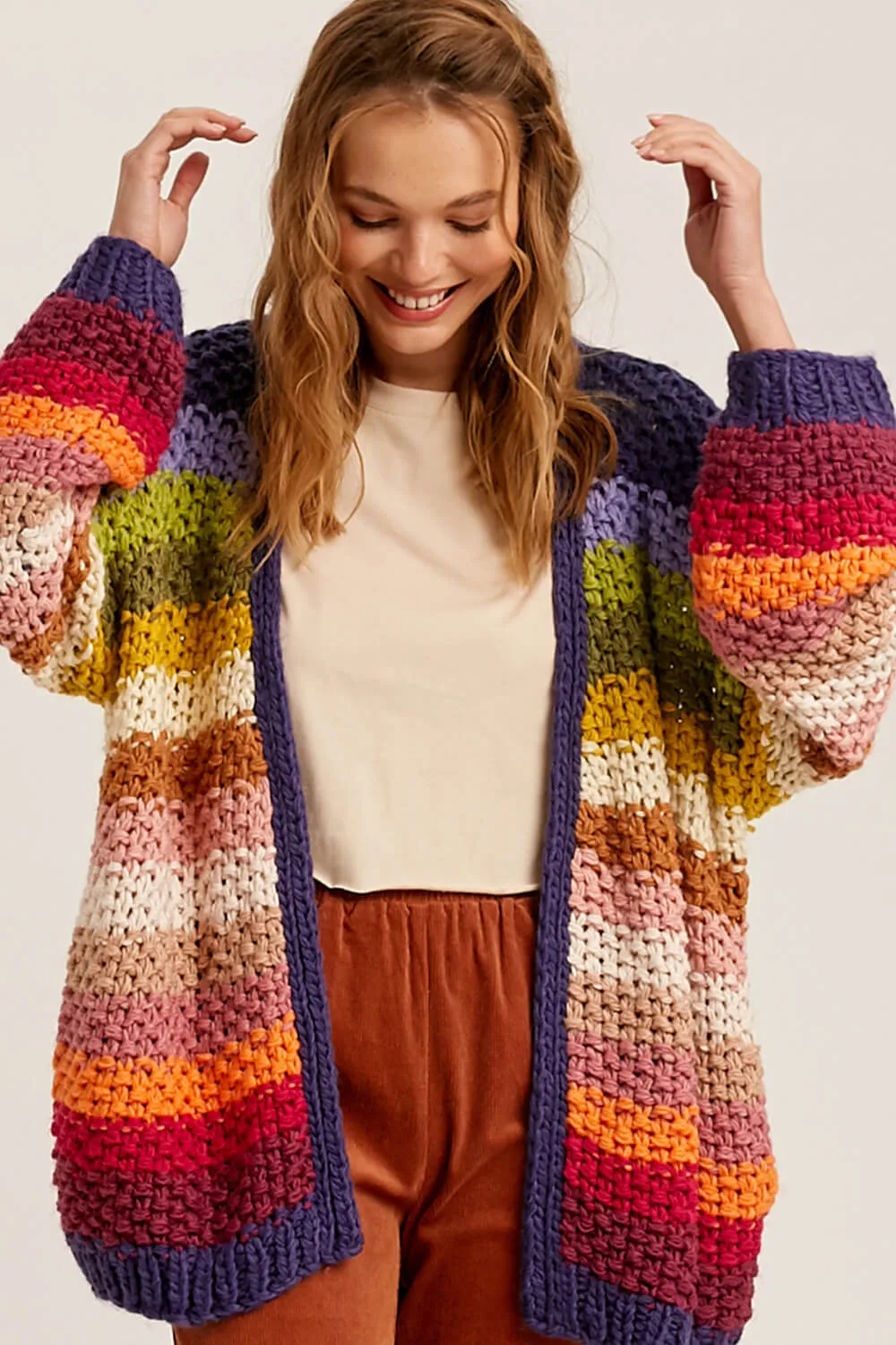 Multicolor Striped Balloon Sleeve Open Front Gauge Knit Cardigan sold by Floralkini