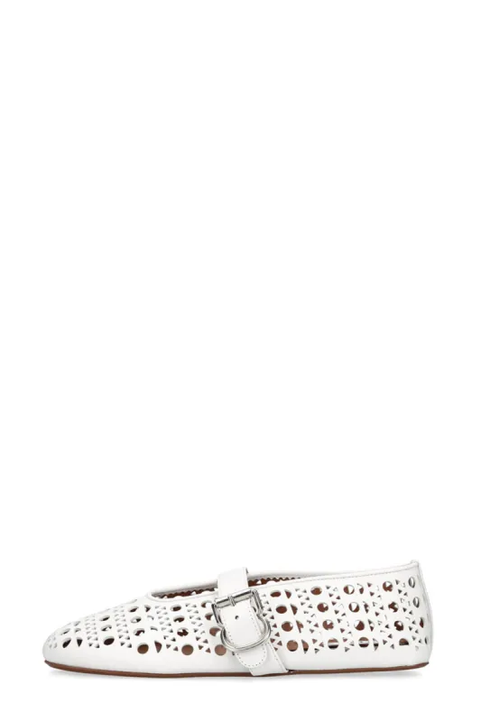 Faux Leather Laser-Cut Buckled Ballet Flats - White sold by Floralkini