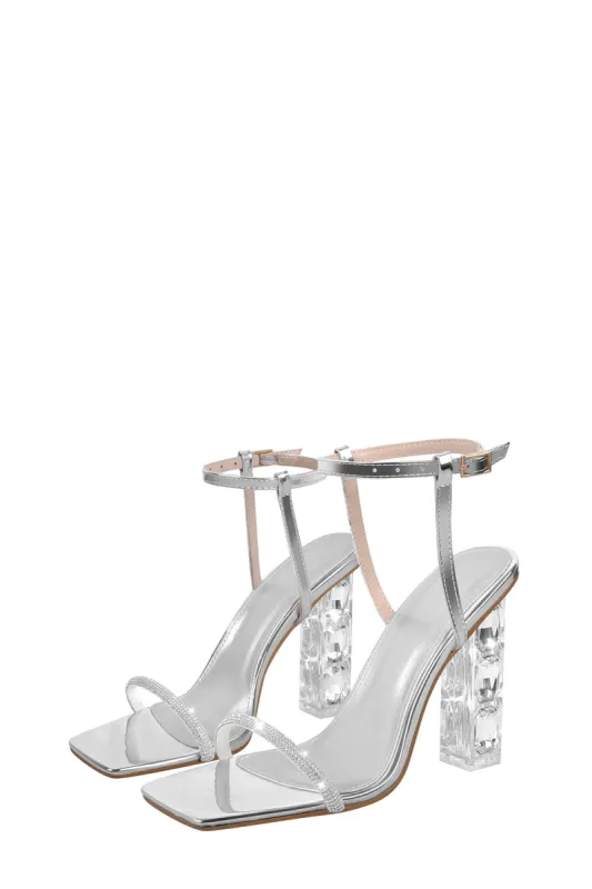 Diamante Embellished Square Open Toe Clear Block Heel Sandals - Silver sold by Floralkini
