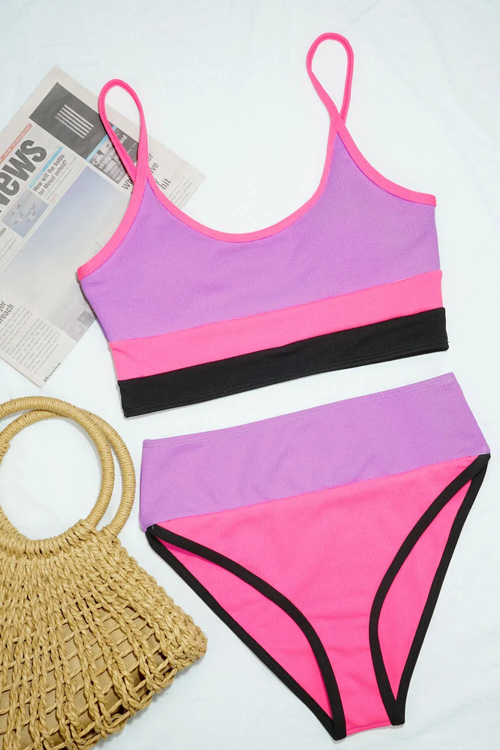 Colorblock Rib Sporty High-Waist Bikini Set - Pink&Lilac&Black sold by Floralkini product image thumbnail 2