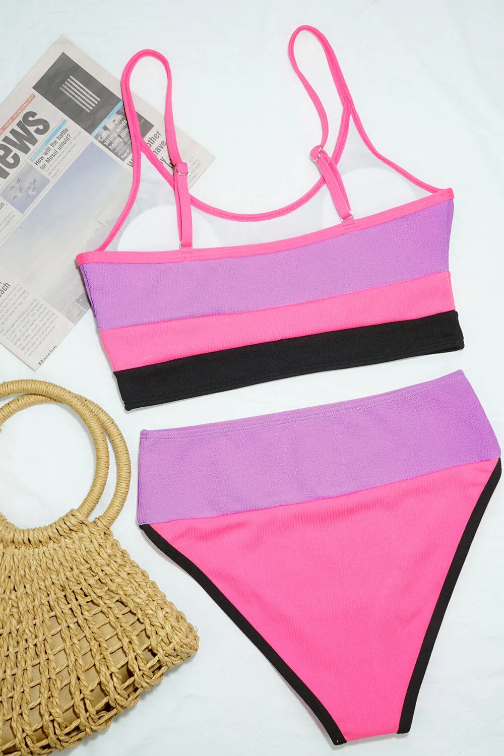Colorblock Rib Sporty High-Waist Bikini Set - Pink&Lilac&Black sold by Floralkini product image thumbnail 3