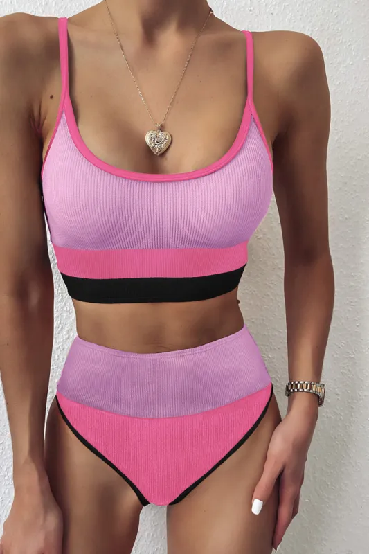 Colorblock Rib Sporty High-Waist Bikini Set - Pink&Lilac&Black sold by Floralkini