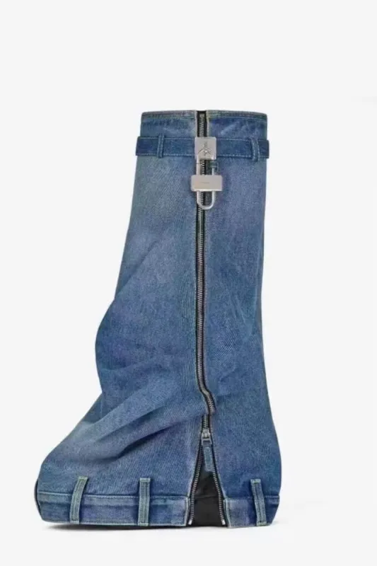 Wrapped Denim Padlock Detail Folded Wedge Heel Knee High Long Chunky Biker Boots sold by Floralkini