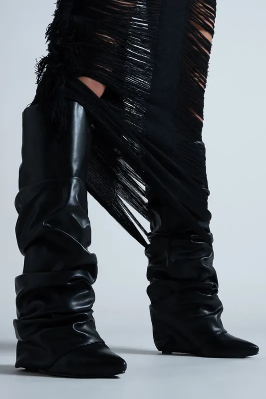 Scrunched Foldover Mid Calf Wedge Heel Boots - Black sold by Floralkini