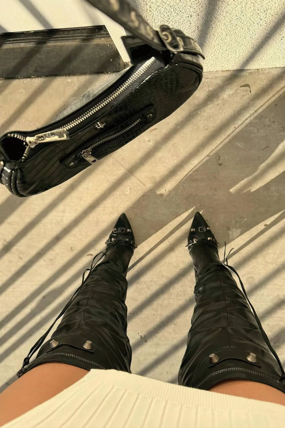 Pointed Toe Over-The-Knee Stiletto Boots With Studs And Pin Buckle Strap Details - Black sold by Floralkini product image thumbnail 2