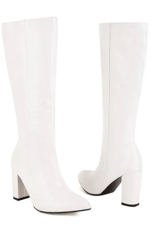 Faux Croc Print Block Heel Mid Calf Knee High Boots - White sold by Floralkini