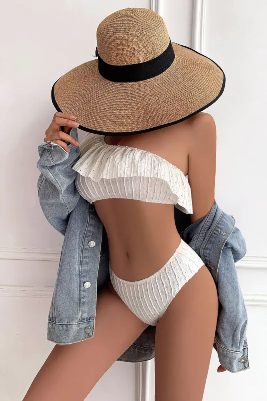 Wave Textured Ruffle One Shoulder High-Waisted Bikini Set sold by Floralkini