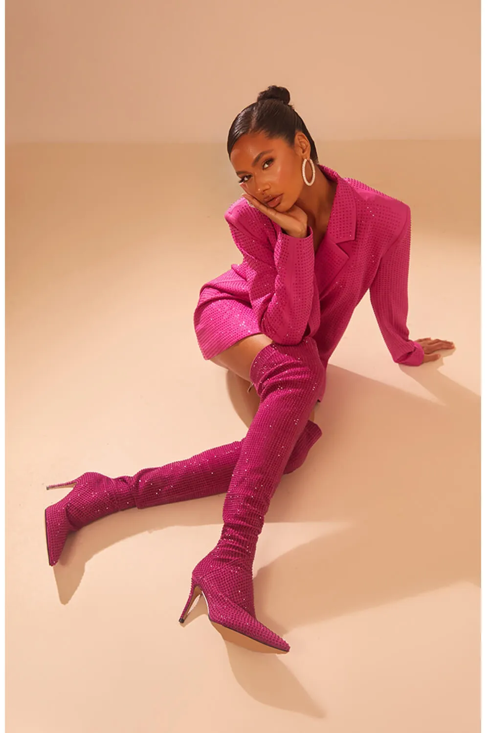 Point Toe Diamante Over The Knee Stiletto Boots - Hot Pink sold by Floralkini product image thumbnail 4