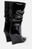 Patent Ruched-Detail Pointed Toe Mid-Calf Wedge Boots sold by Floralkini