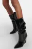 Patent Ruched-Detail Pointed Toe Mid-Calf Wedge Boots sold by Floralkini