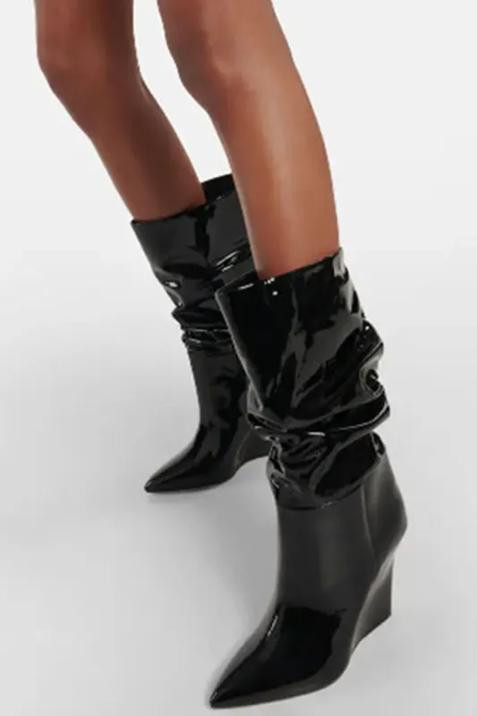 Patent Ruched-Detail Pointed Toe Mid-Calf Wedge Boots sold by Floralkini