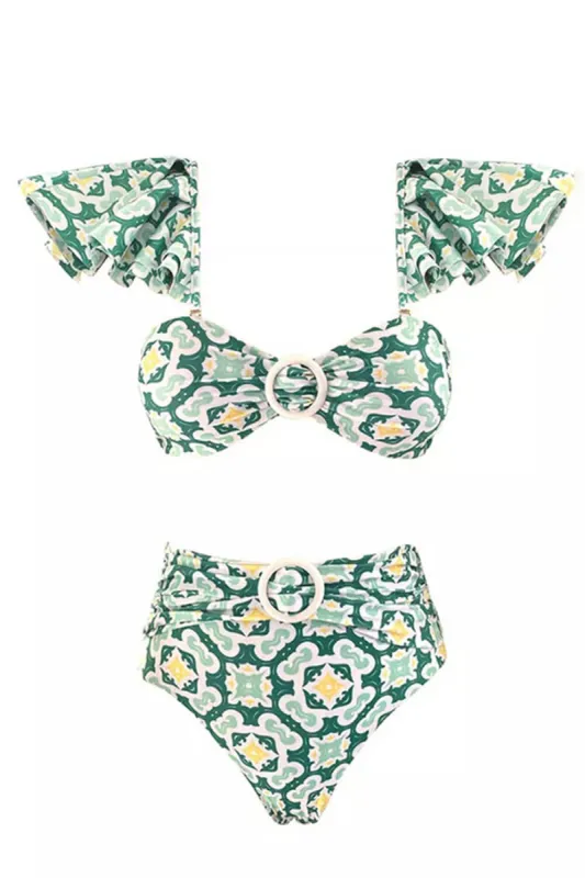 Floral Sweetheart Ruffled Shoulder High Waisted Bikini Set With Ring Detail sold by Floralkini