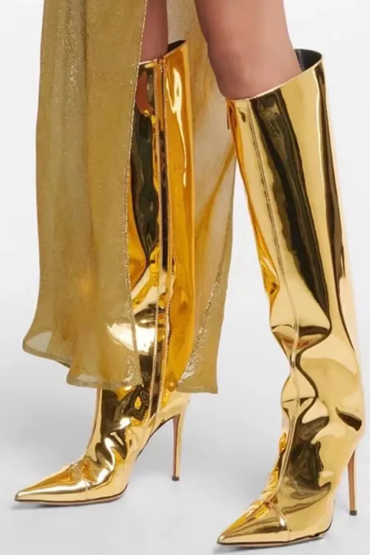 Metallic Finish Knee-High Pointed Toe Stiletto Boots - Gold sold by Floralkini