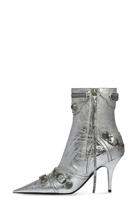 Metallic Pointed Toe Ankle Stiletto Boots With Studs And Pin Buckle Strap Details - Silver sold by Floralkini