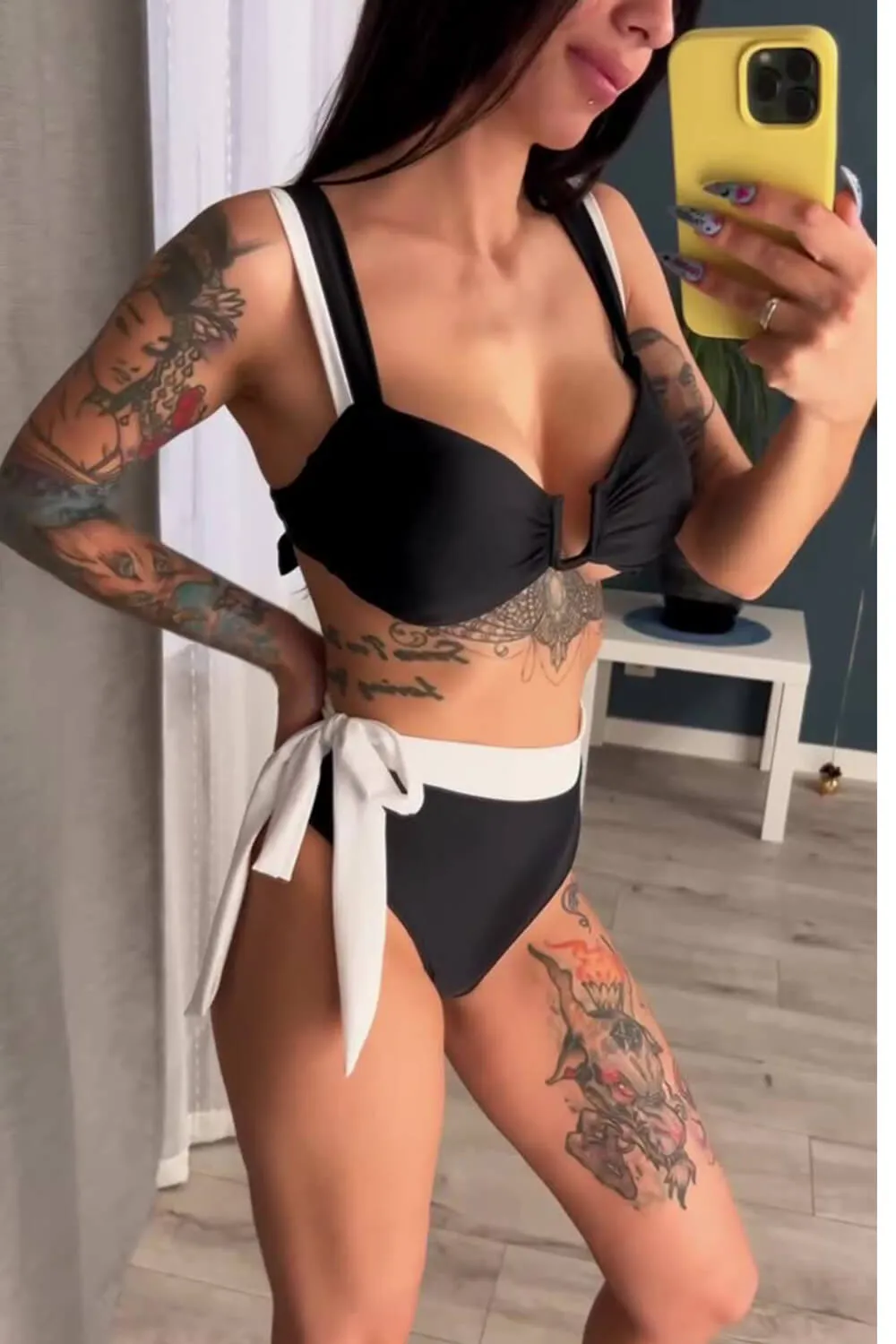 Two Tone Front 'U' Tie Up High-Waisted Bikini Set sold by Floralkini product image thumbnail 4