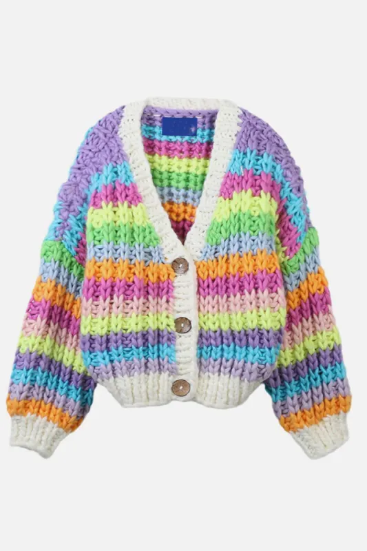 Multicolor Striped Balloon Sleeve Button Up V Neck Chunky Knit Cardigan sold by Floralkini