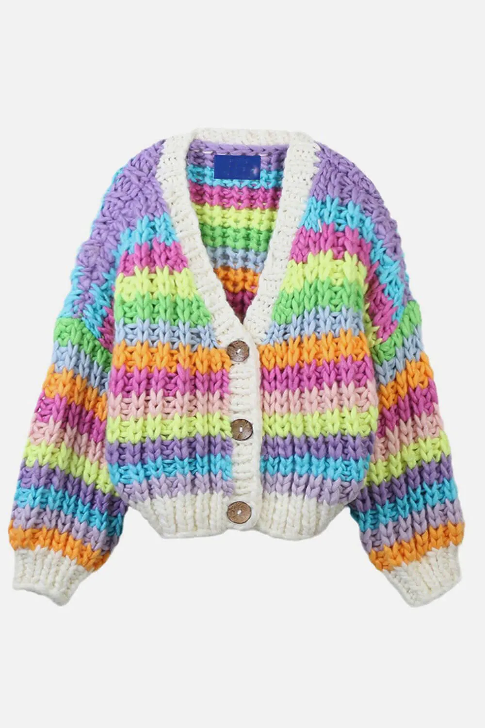 Multicolor Striped Balloon Sleeve Button Up V Neck Chunky Knit Cardigan sold by Floralkini