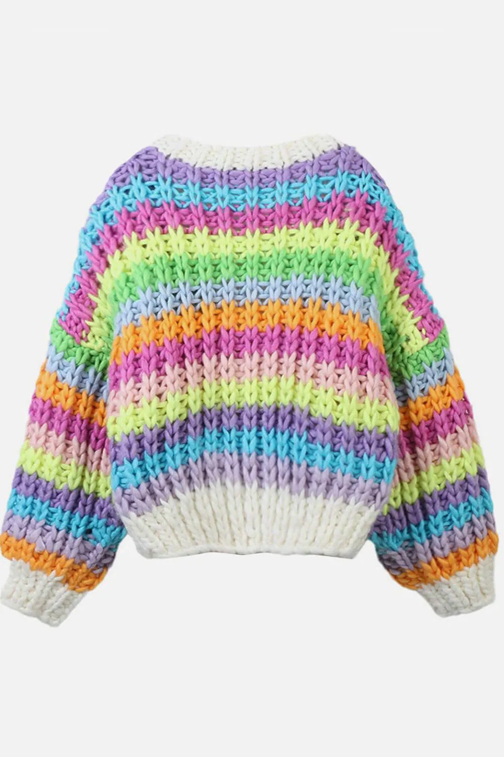 Multicolor Striped Balloon Sleeve Button Up V Neck Chunky Knit Cardigan sold by Floralkini product image thumbnail 2