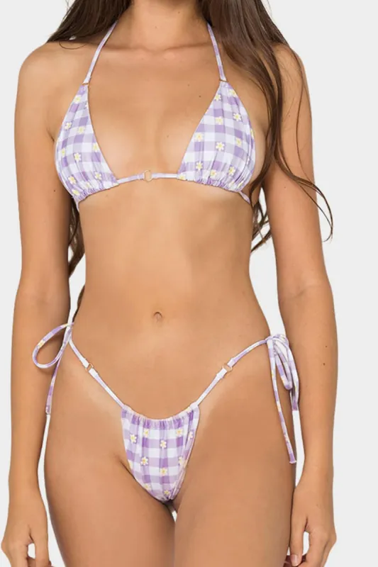Halter Triangle Tie Side Bikini Set With Ring Detailing - Lilac Flowers sold by Floralkini