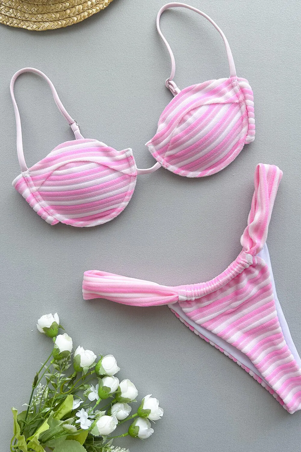 Striped Terry Towel Underwire Balconette High Cut Bikini Set - Pink & White sold by Floralkini product image thumbnail 3
