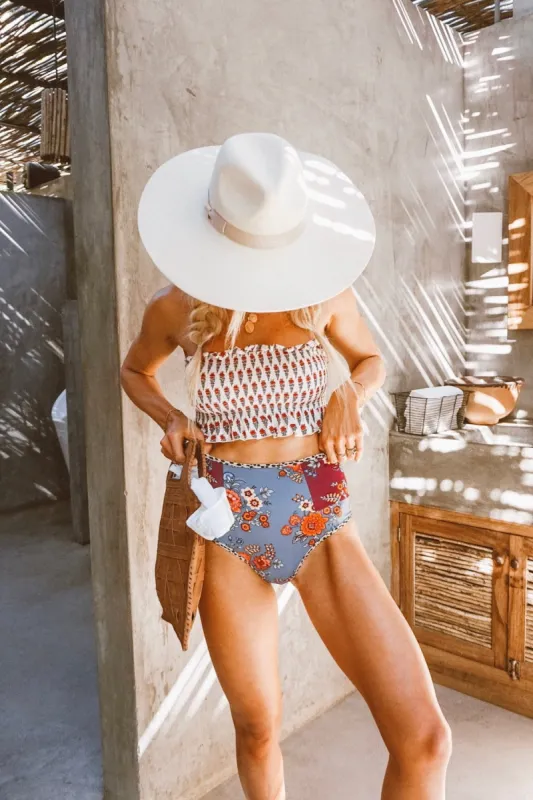 Floral Smocked Ruffle Trim Bandeau Bikini Top sold by Floralkini