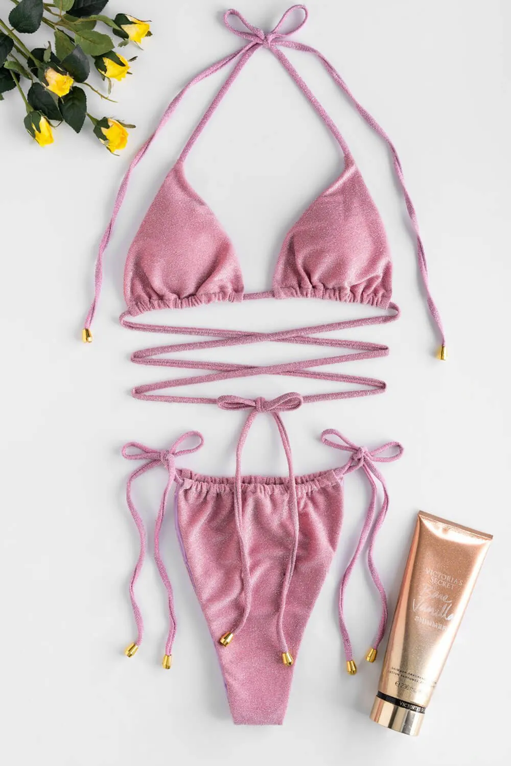 Shimmer Halterneck Triangle Wrap Tie Side Bikini Set - Pink sold by Floralkini product image thumbnail 5