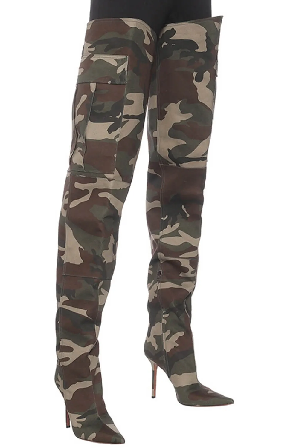 Camo Canvas Pocket Pointy Toe Over-The-Knee High Stiletto Boots sold by Floralkini