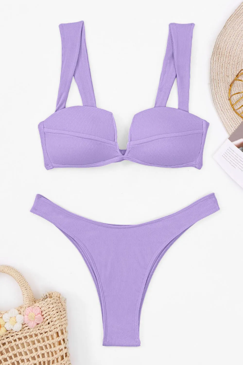 Ribbed V Front High-Leg Bikini Set - Lilac sold by Floralkini product image thumbnail 4