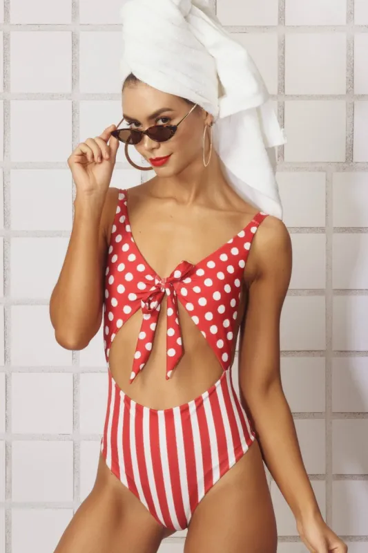Red White Polka Dots & Striped Tie Front Cut Out Monokini sold by Floralkini
