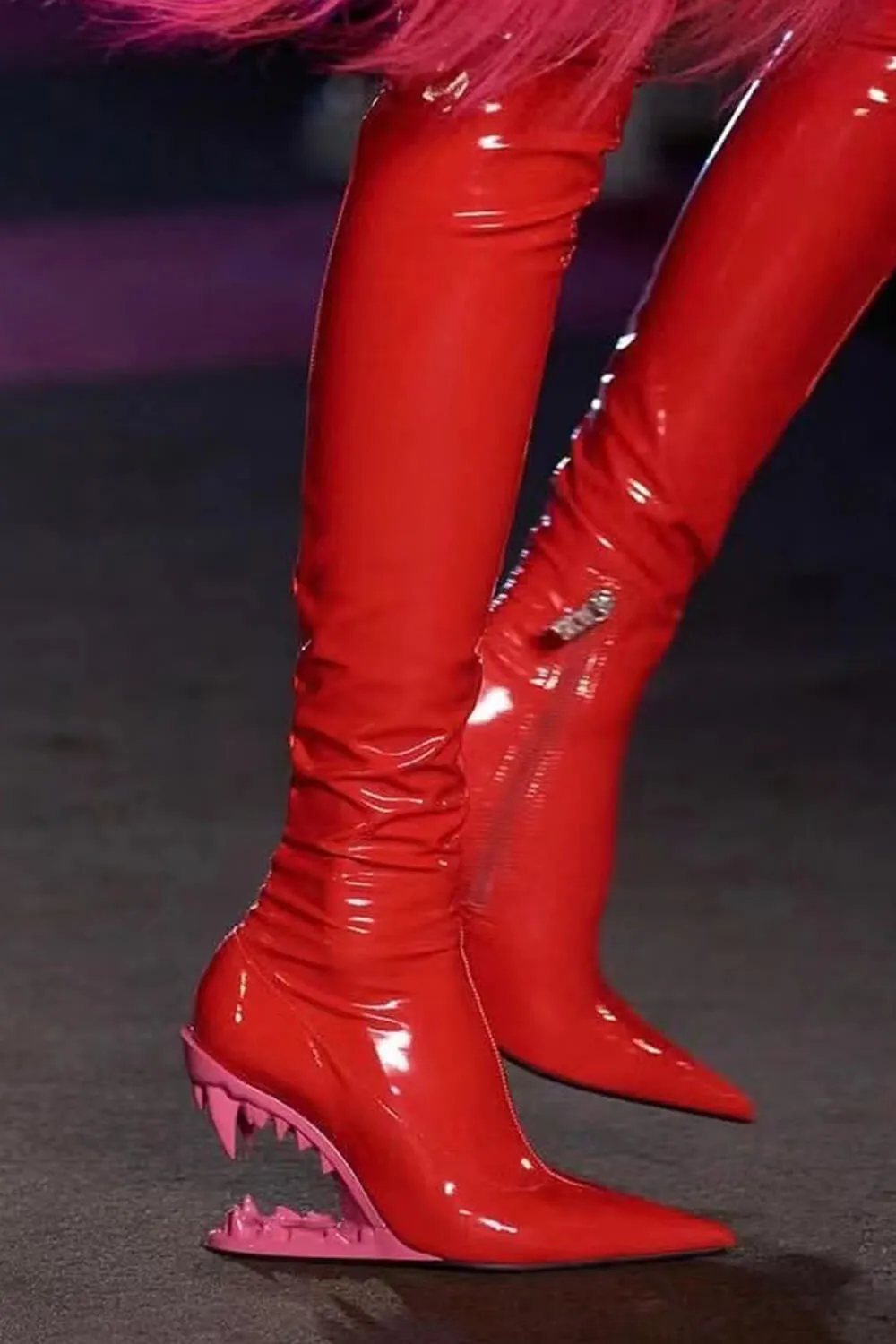 Patent Pointed Toe Over-The-Knee Morso Heeled Boots - Red sold by Floralkini