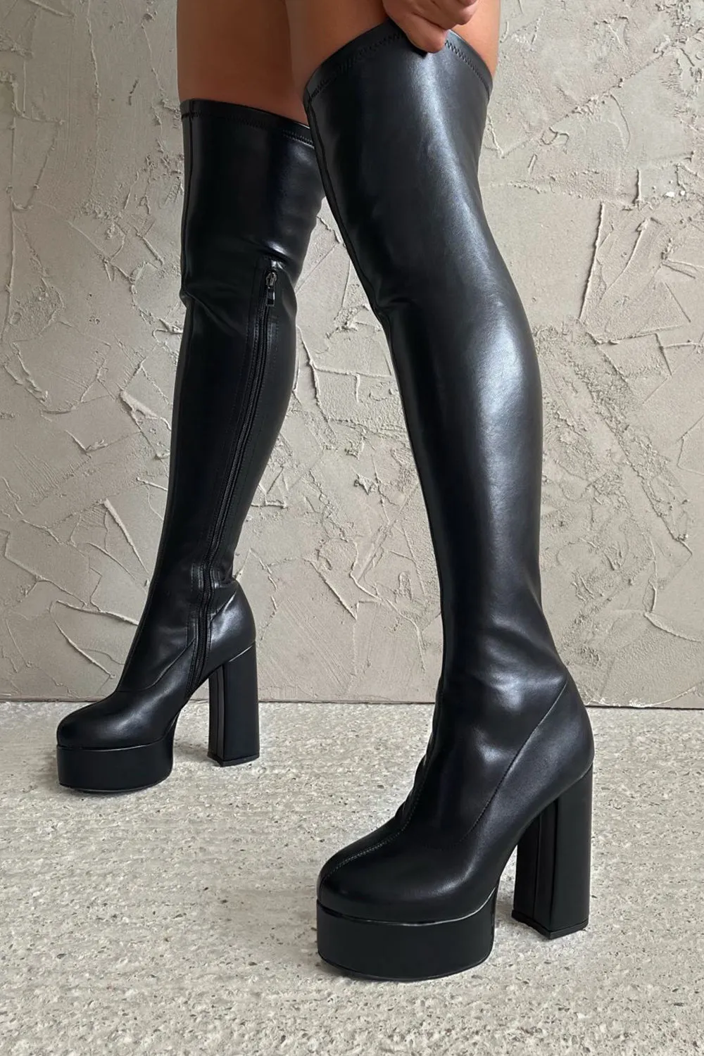 Black Platform Block Heel Thigh High Boots sold by Floralkini