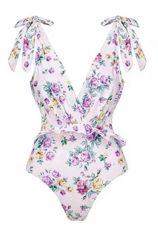 Roses Print Ruffled Plunge Tie-Shoulder Open Back One Piece Swimsuit sold by Floralkini