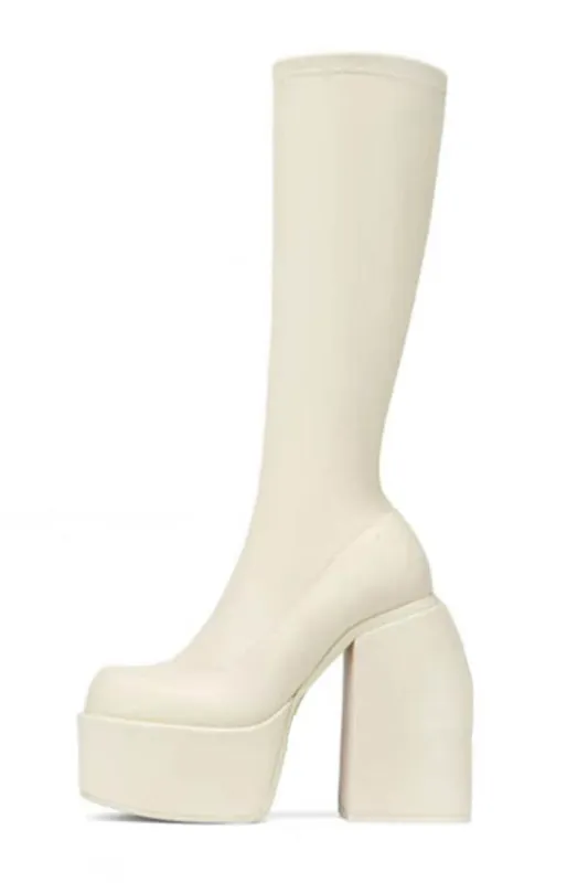 Faux Leather Closed Round Toe Chunky Platform Block Heel Knee High Boot - Beige sold by Floralkini
