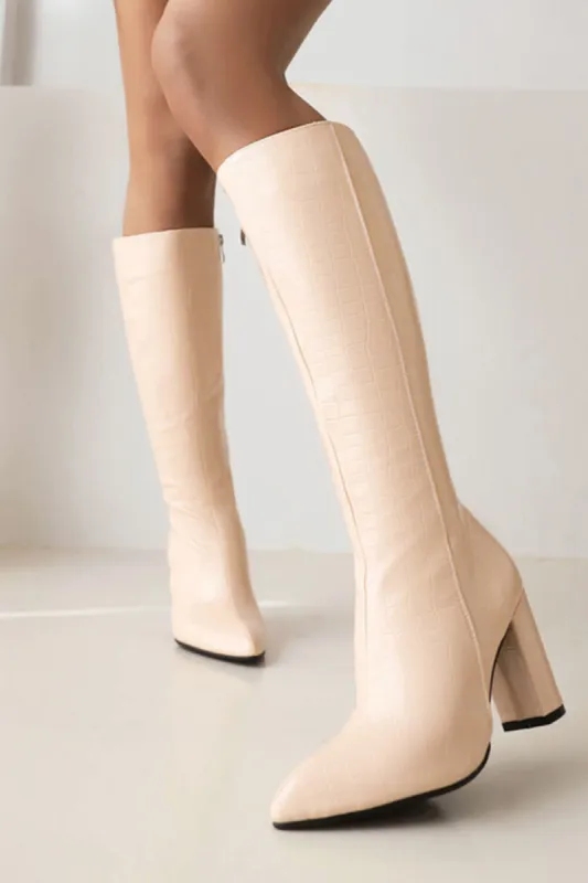 Faux Croc Print Block Heel Mid Calf Knee High Boots - Nuede sold by Floralkini