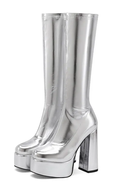 Metallic Faux Leather Platform Block Heel Knee High Boots - Silver sold by Floralkini
