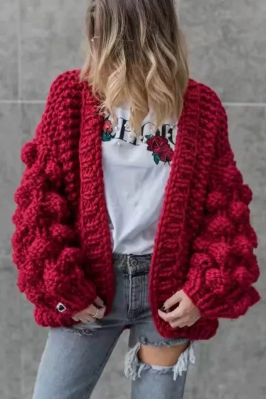 Pom Pom Balloon Sleeve Open Front Chunky Knit Cardigan sold by Floralkini