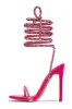 Diamante Embellished Lace Up Square Toe High Heels - Pink sold by Floralkini