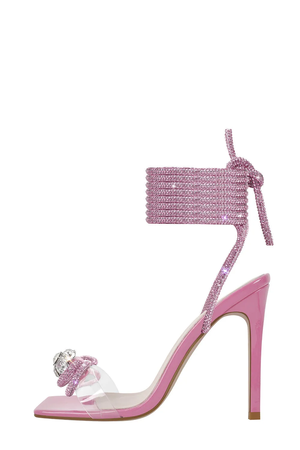 Diamante Bow Lace Up Clear Perspex Open Toe Stiletto Sandals - Pink sold by Floralkini